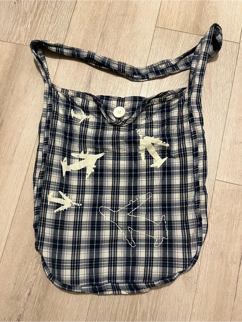 A.P.C. x Jessica Ogden Madras Navy and White Plaid Bag with Airplane Motif